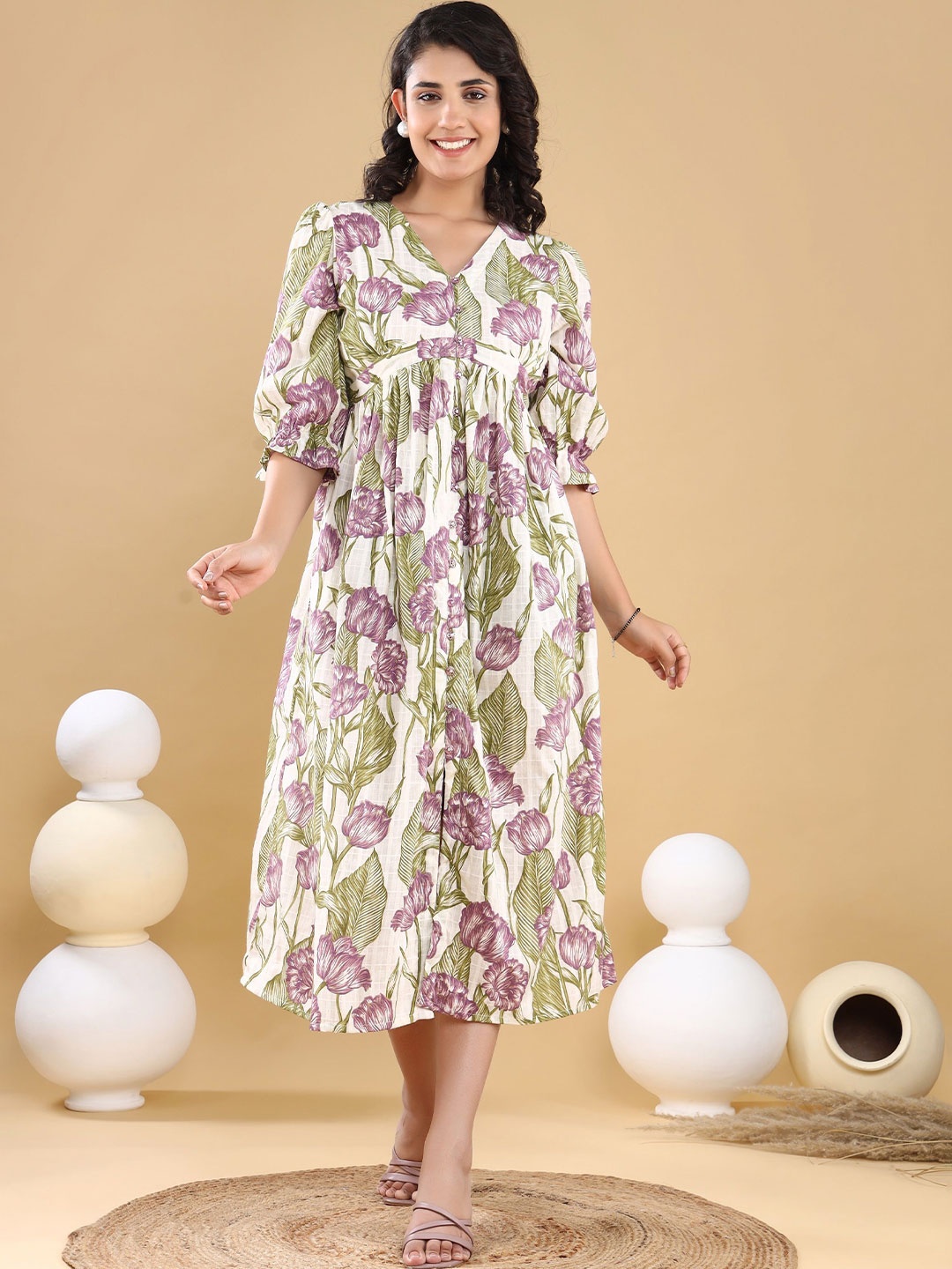 

Chandbaali Floral Print Puff Sleeve Fit & Flare Midi Dress, Lavender