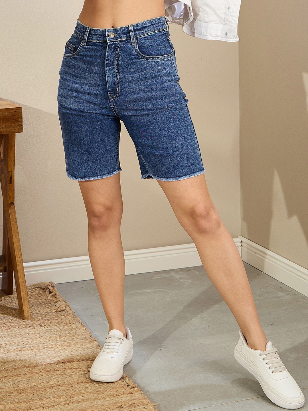 

SASSAFRAS BASICS Women Washed High-Rise Denim Shorts, Blue