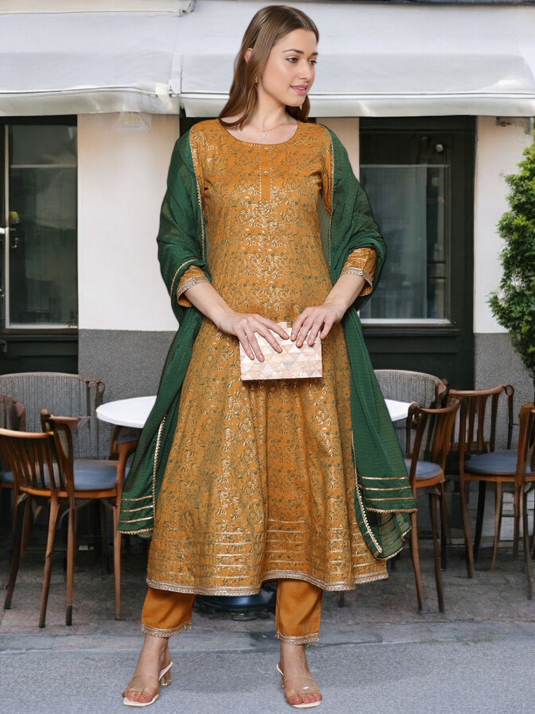 

True Shape Women Floral Printed Regular Kurta with Trousers & With Dupatta, Mustard