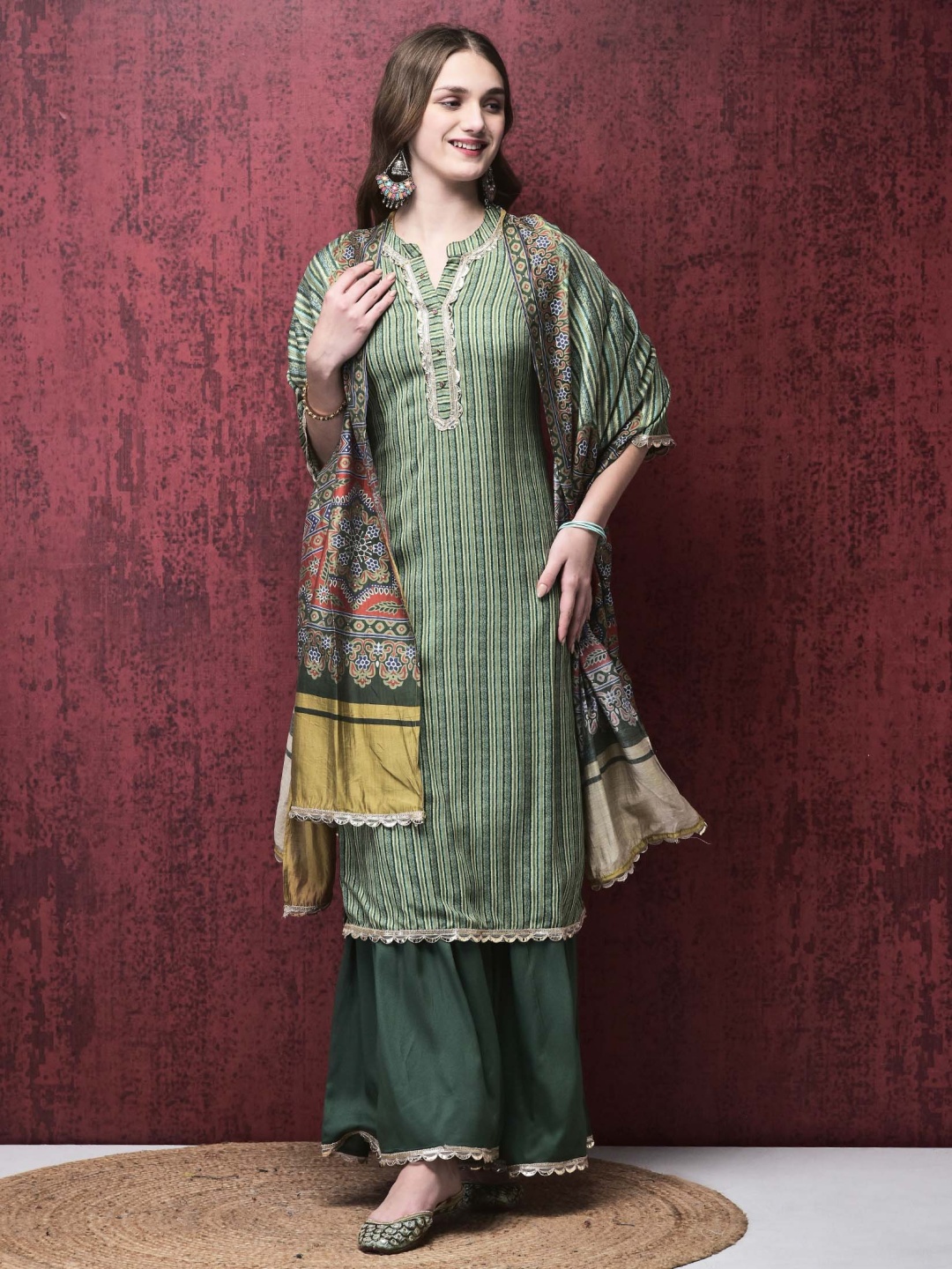 

Shree Women Striped Regular Liva Kurta with Sharara & With Dupatta, Green