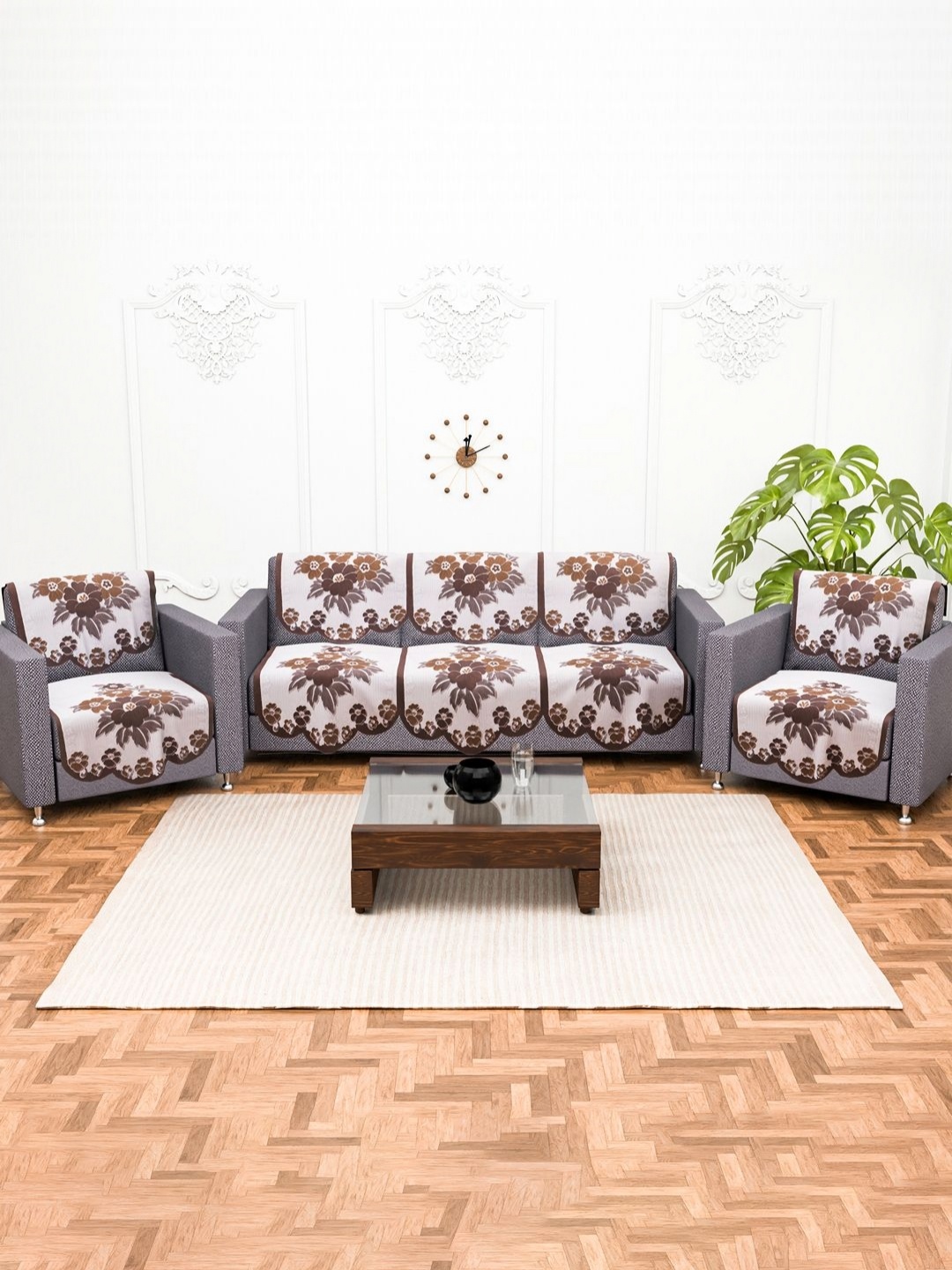 

Aura White & Brown 10 Pieces Self Design Cotton 5 Seater Sofa Cover