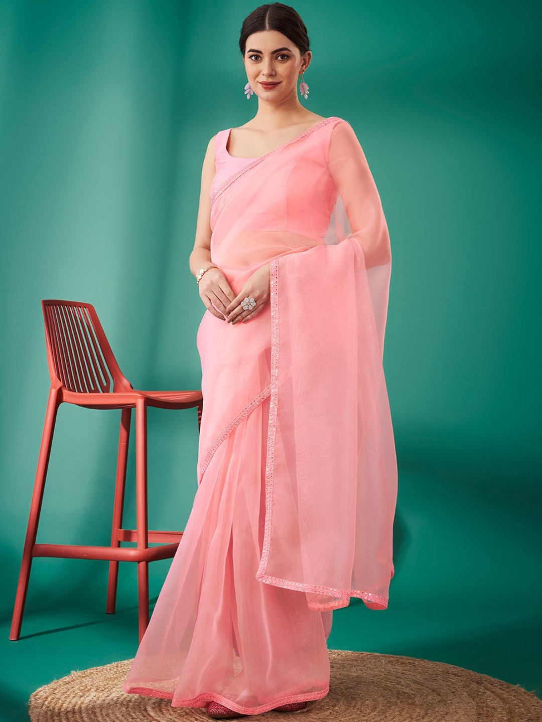 

DIVASTRI Sequinned Organza Saree, Pink