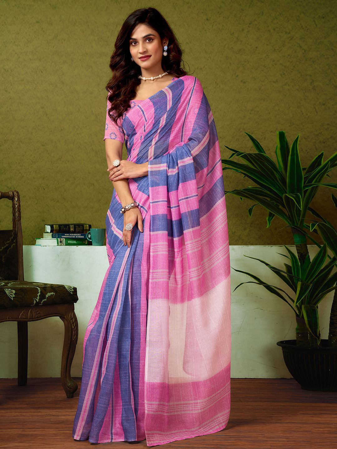

all about you Striped Ready to Wear Tussar Saree, Pink