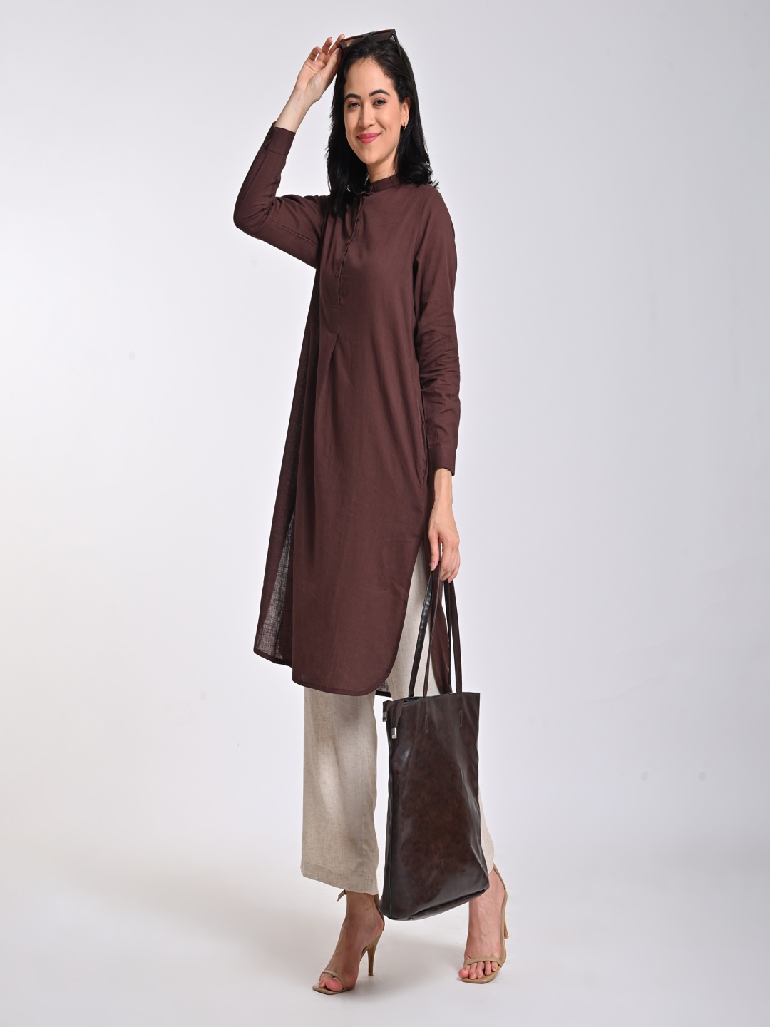 

Saltpetre Women Coffee Pleated Tunic With Trouser Co-Ords, Coffee brown