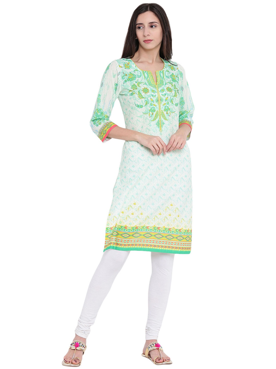 

Rangriti Floral Printed Notch Neck Straight Kurta, Green