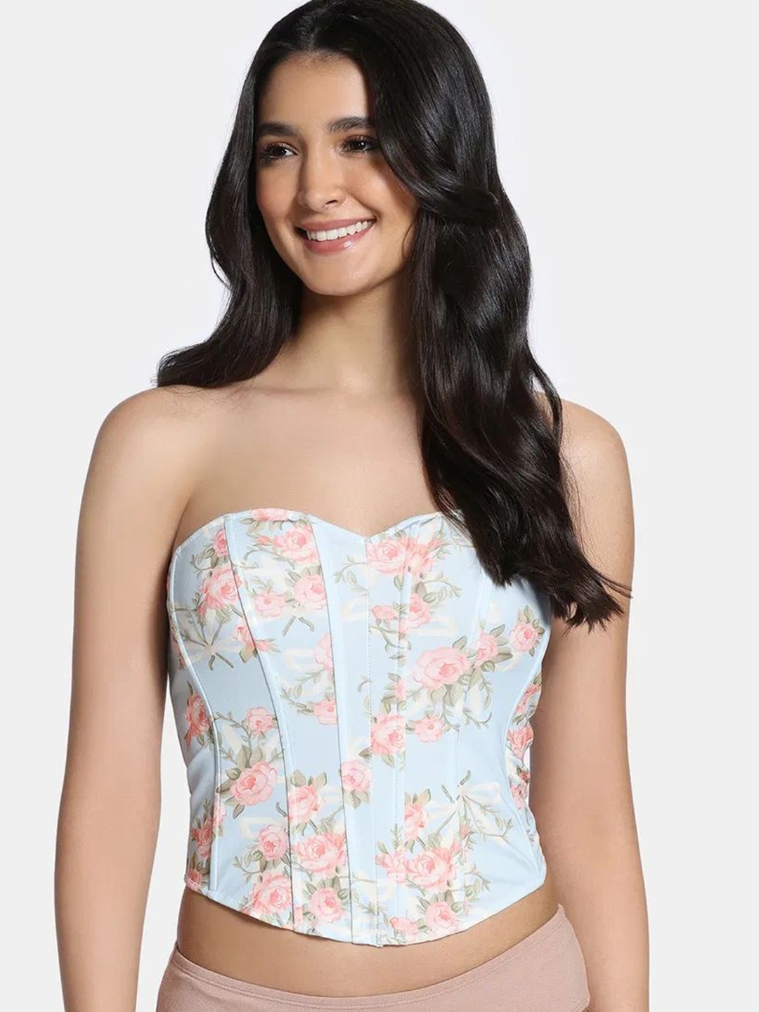 

Zivame Floral Printed Strapless Corset Top, Blue