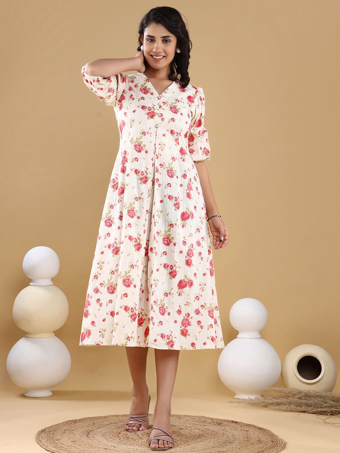 

VASVI Floral Print Puff Sleeve Fit & Flare Midi Dress, Pink