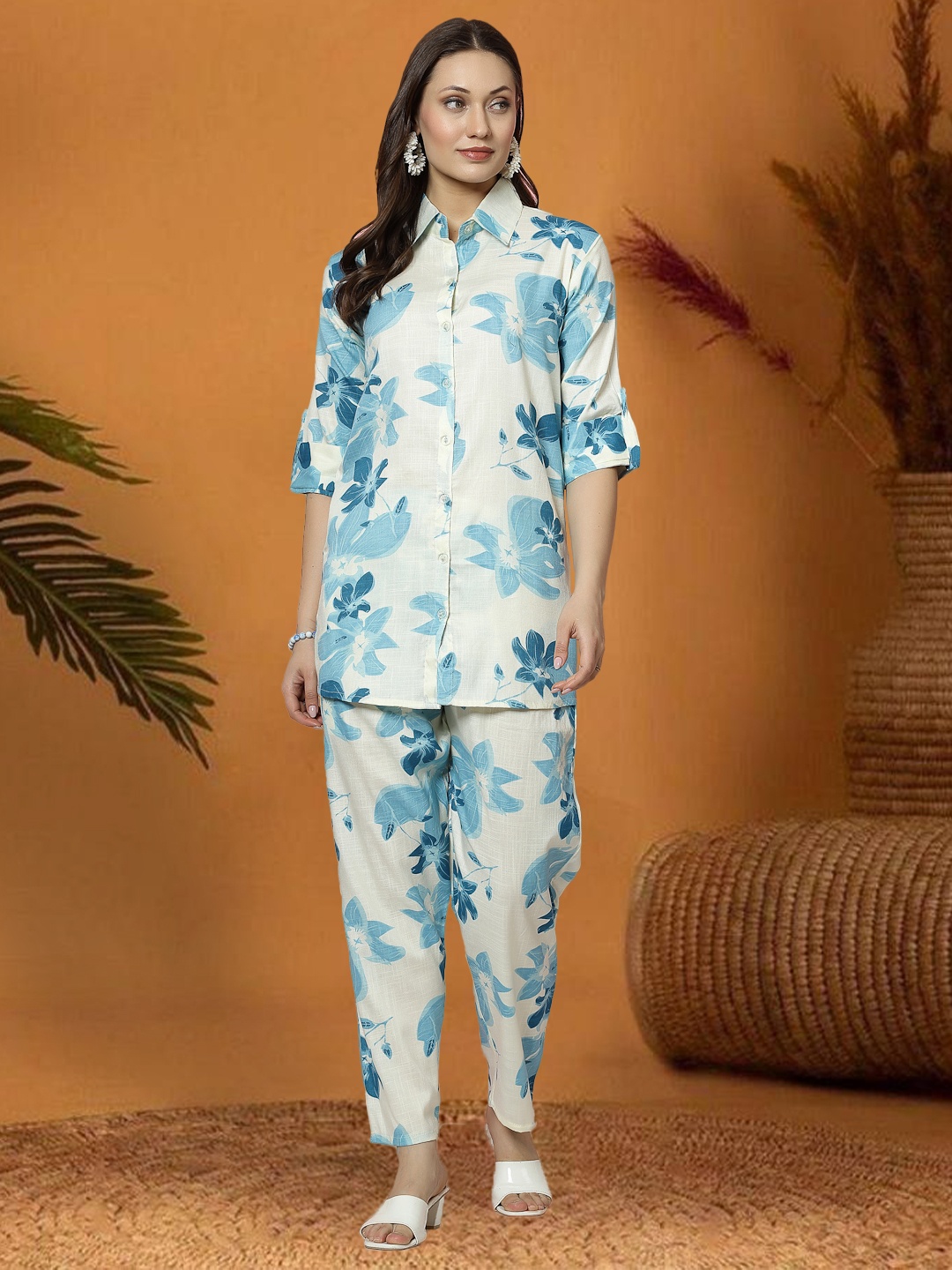 

Moda Rapido Floral Printed Shirt with Trousers Co-Ords, Turquoise blue