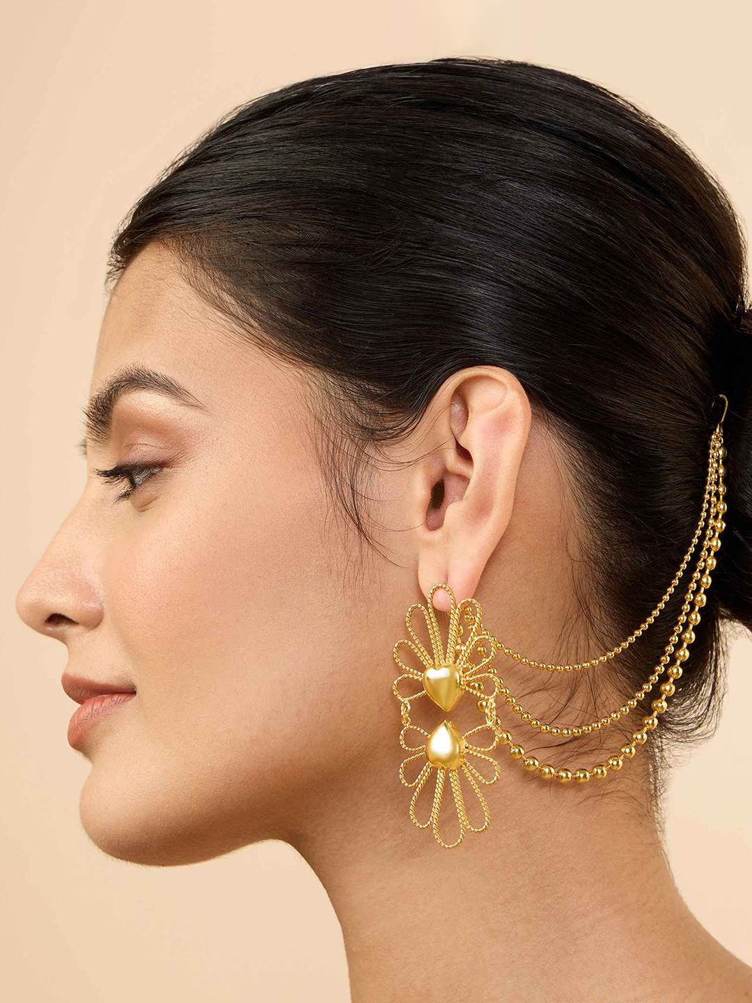 

MNSH Brass-Plated Contemporary Shaped Hair Chain Earrings, Gold
