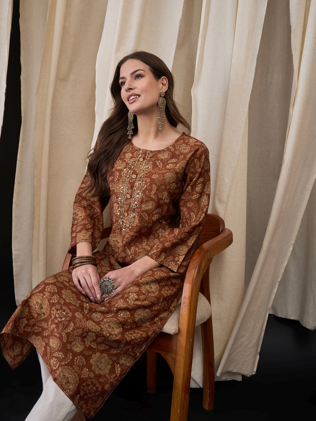 

Anouk Floral Printed Mirror Work Chanderi Silk Straight Kurta, Brown