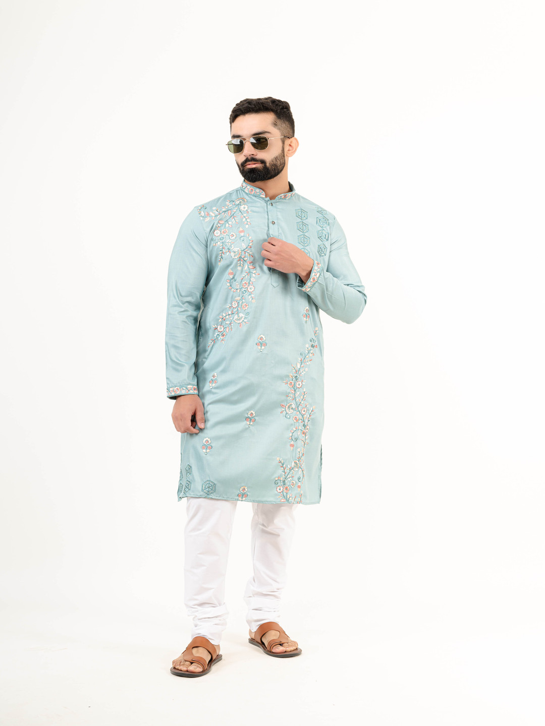 

Tistabene Floral Embroidered Mnadarion Collar Pure Silk Straight Kurta, Blue
