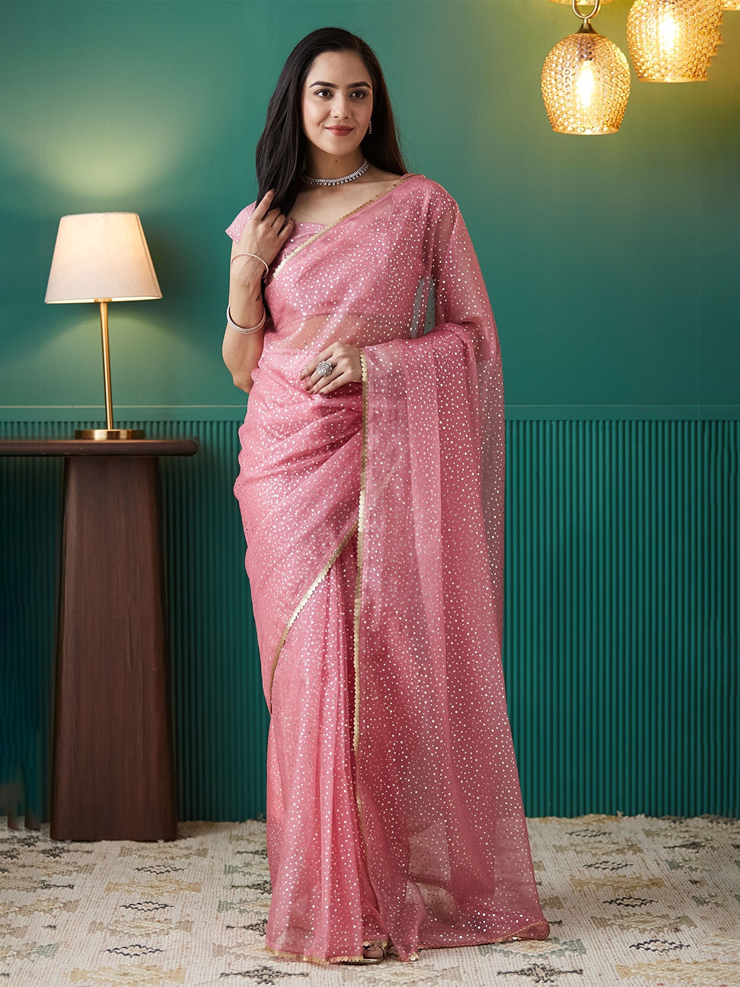 

RACHNA Embellished Beads and Stones Organza Designer Saree, Pink