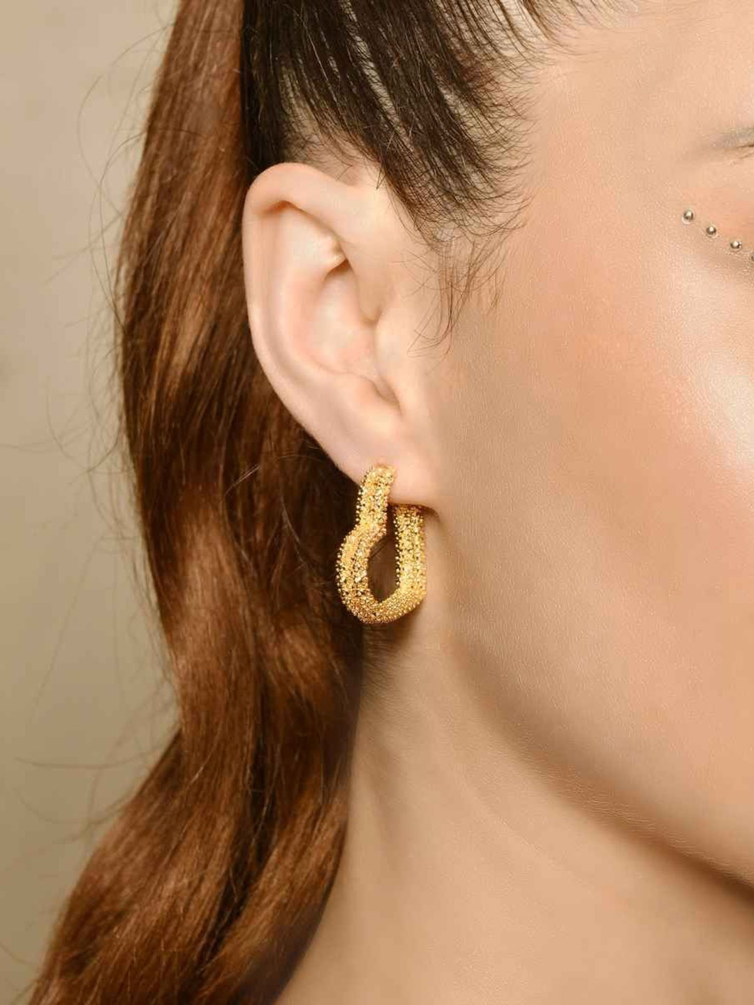 

MNSH Brass-Plated Textured Heart Shaped Half Hoop Earrings, Gold