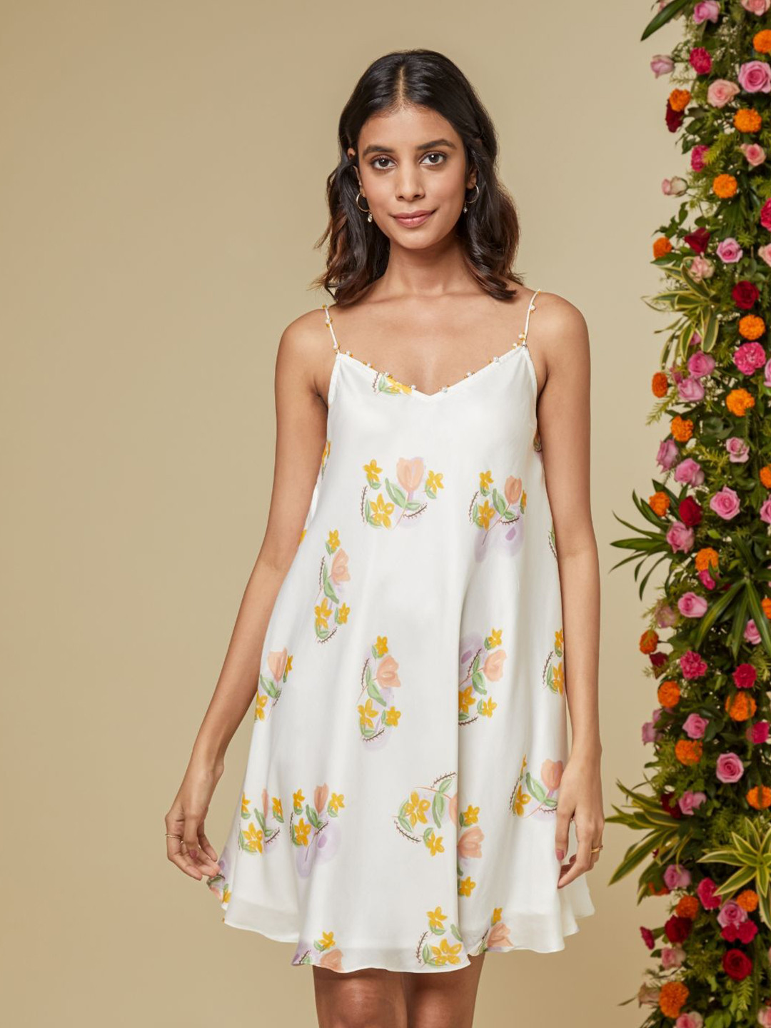 

Prose Stories Floral Print Satin A-Line Mini Dress, White