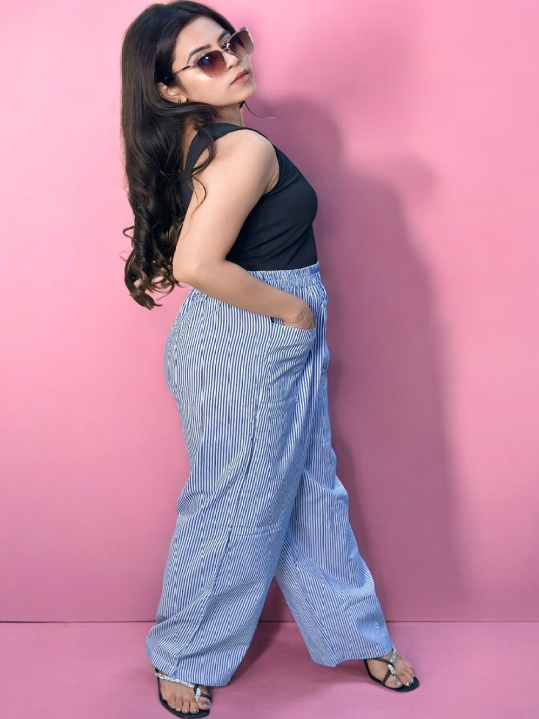 

HOW House Of Wear Women Striped Smart Loose Fit High-Rise Chambray Trousers, Blue