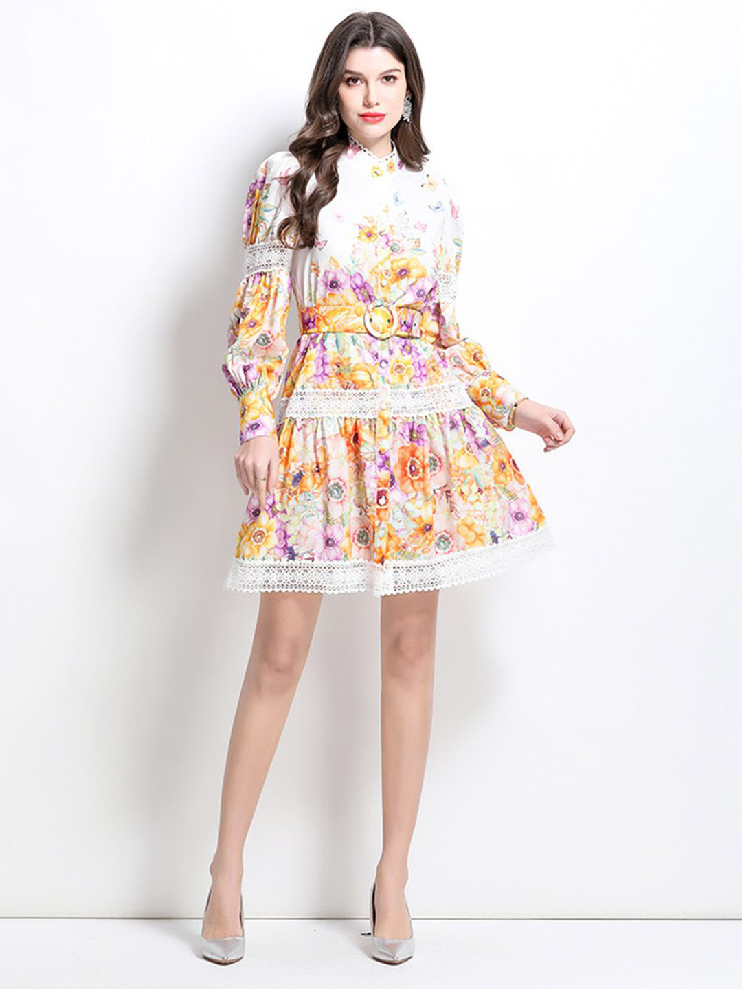 

JC Collection Floral Print Puff Sleeve Drop-Waist Dress, White