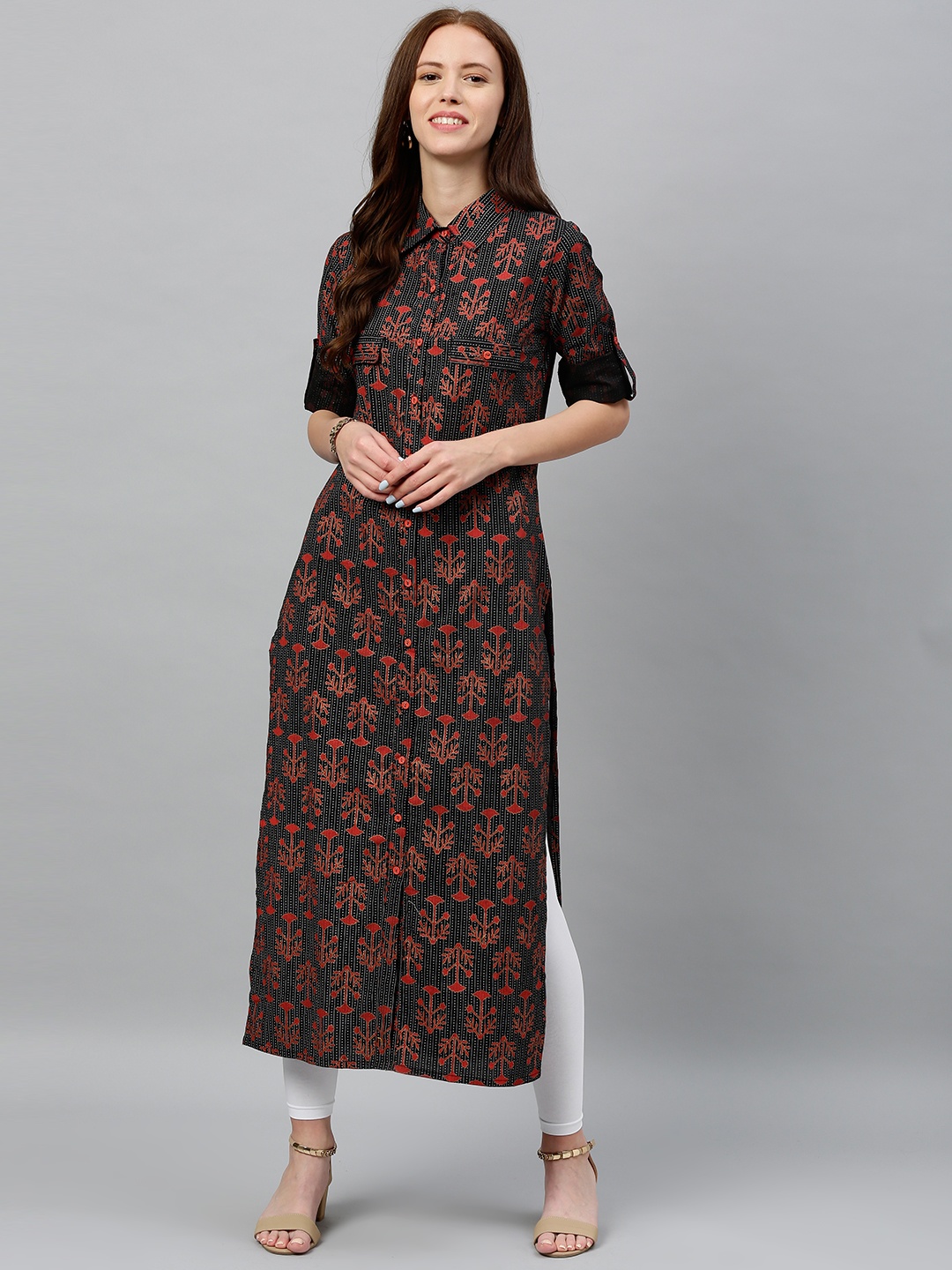 

CHIRAAI Ethnic Motifs Printed Pure Cotton Straight Kurta, Black