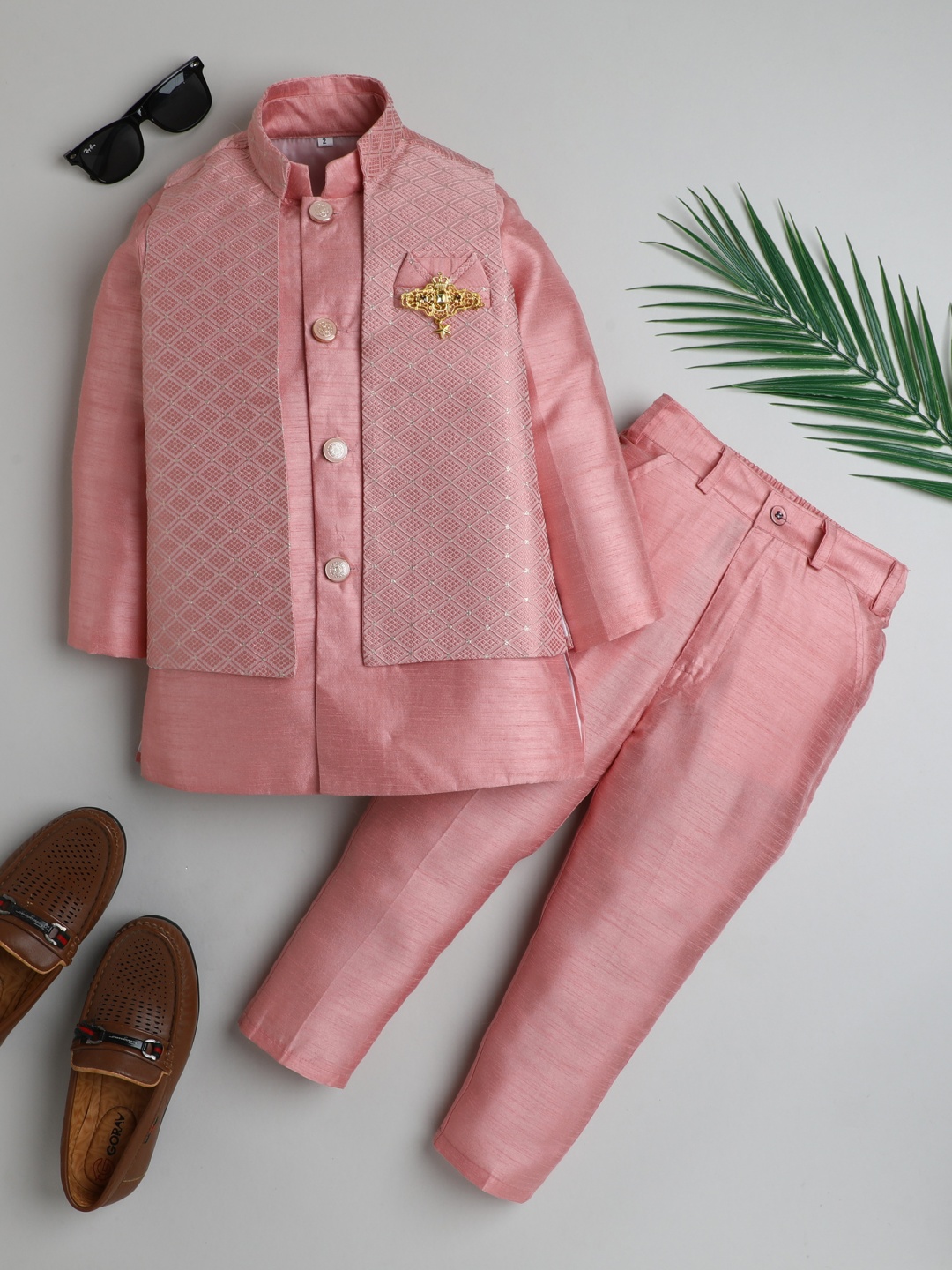 

ahhaaaa Boys Embroidered Regular Dupion Silk Kurta with Pyjamas, Pink