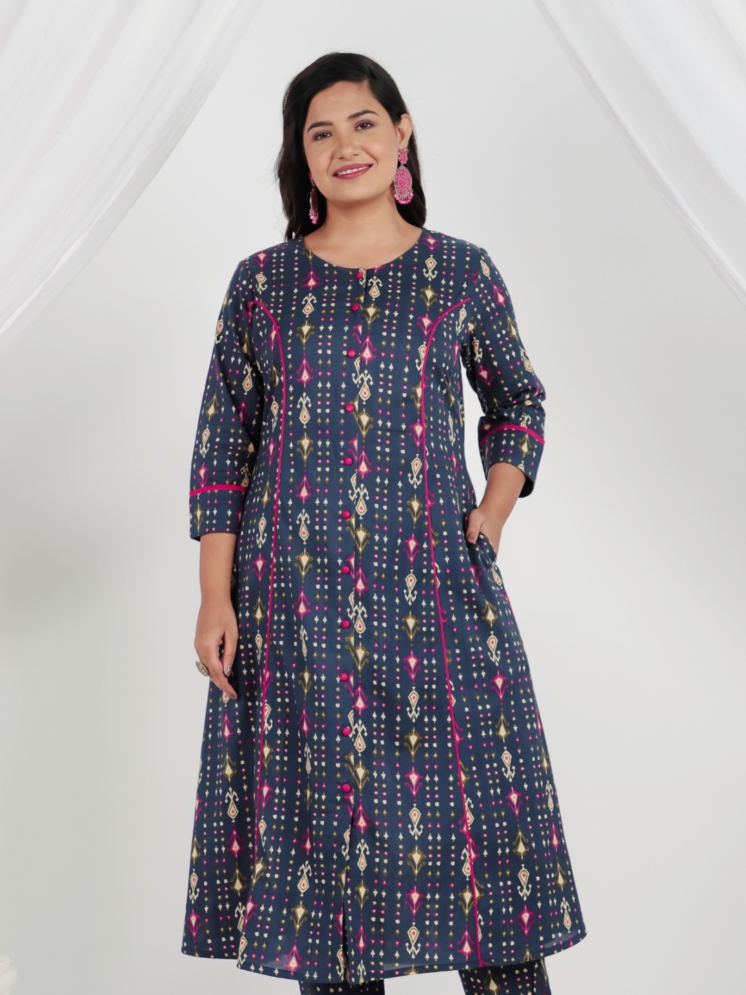 

Aramya Ethnic Motifs Printed Round Neck A-line Kurta, Blue