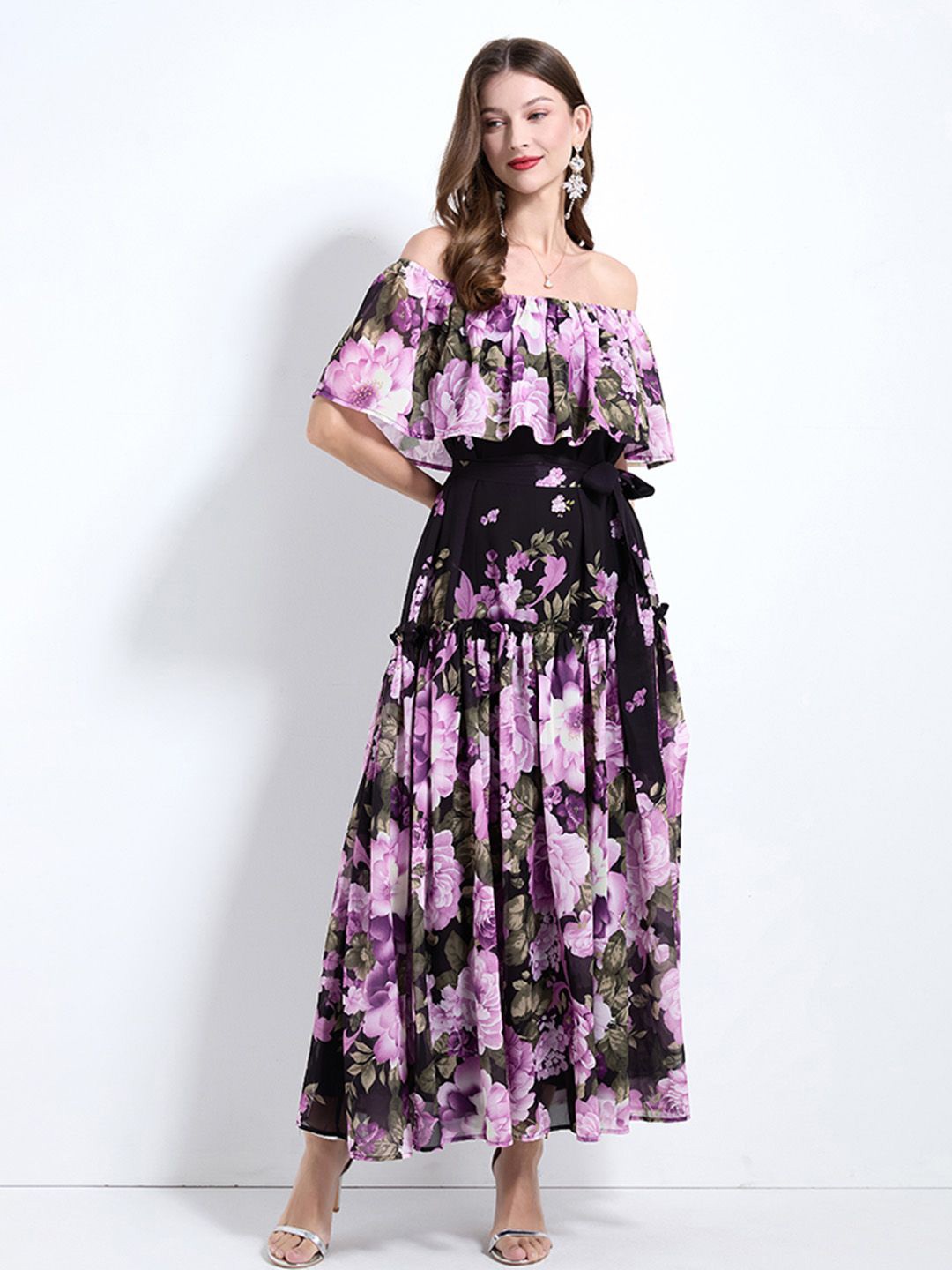 

JC Collection Floral Print Off-Shoulder Cape Sleeve Maxi Dress, Black