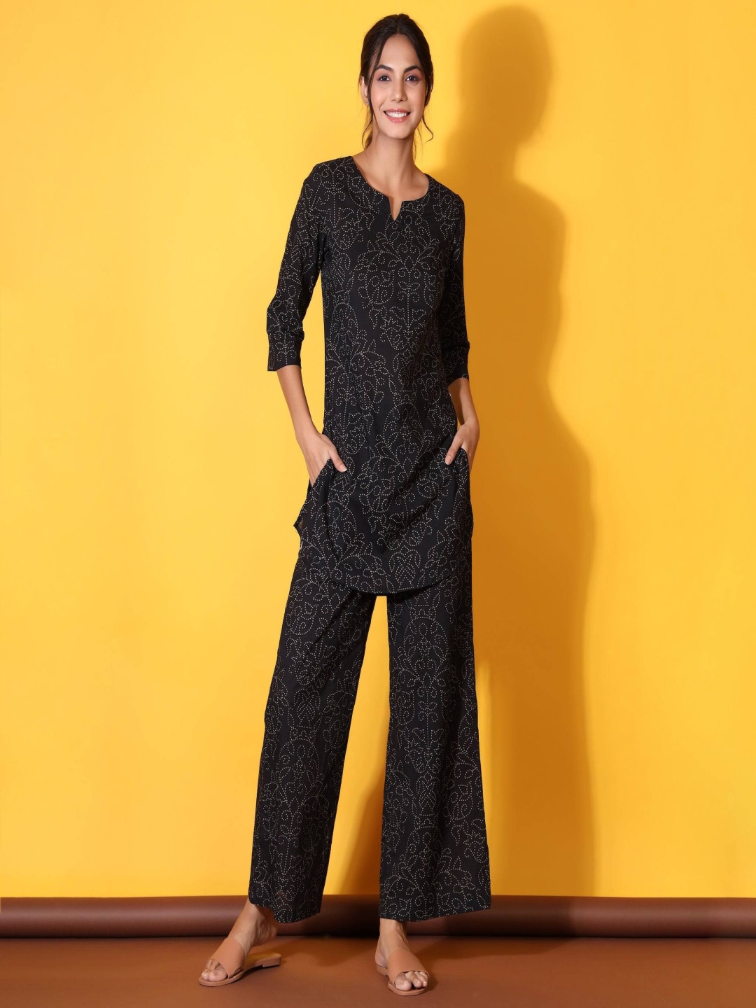 

Moda Rapido Printed Notch Neck Tunic With Trousers, Black