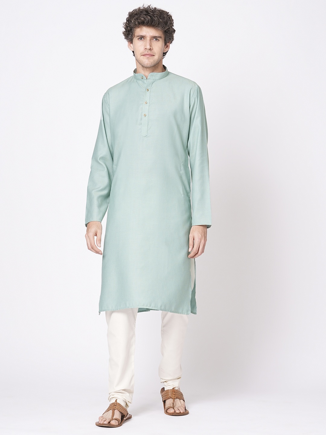 

TRYBUY.IN Men Geometric Woven Design Dobby Cotton Straight Kurta, Green
