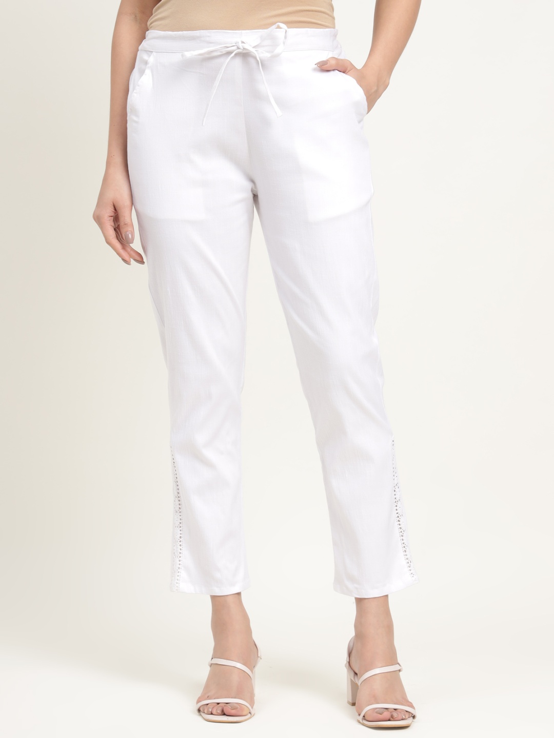

ZARI Women Jaipur Cotton Viscsoe Pant with Side Lace, Off white