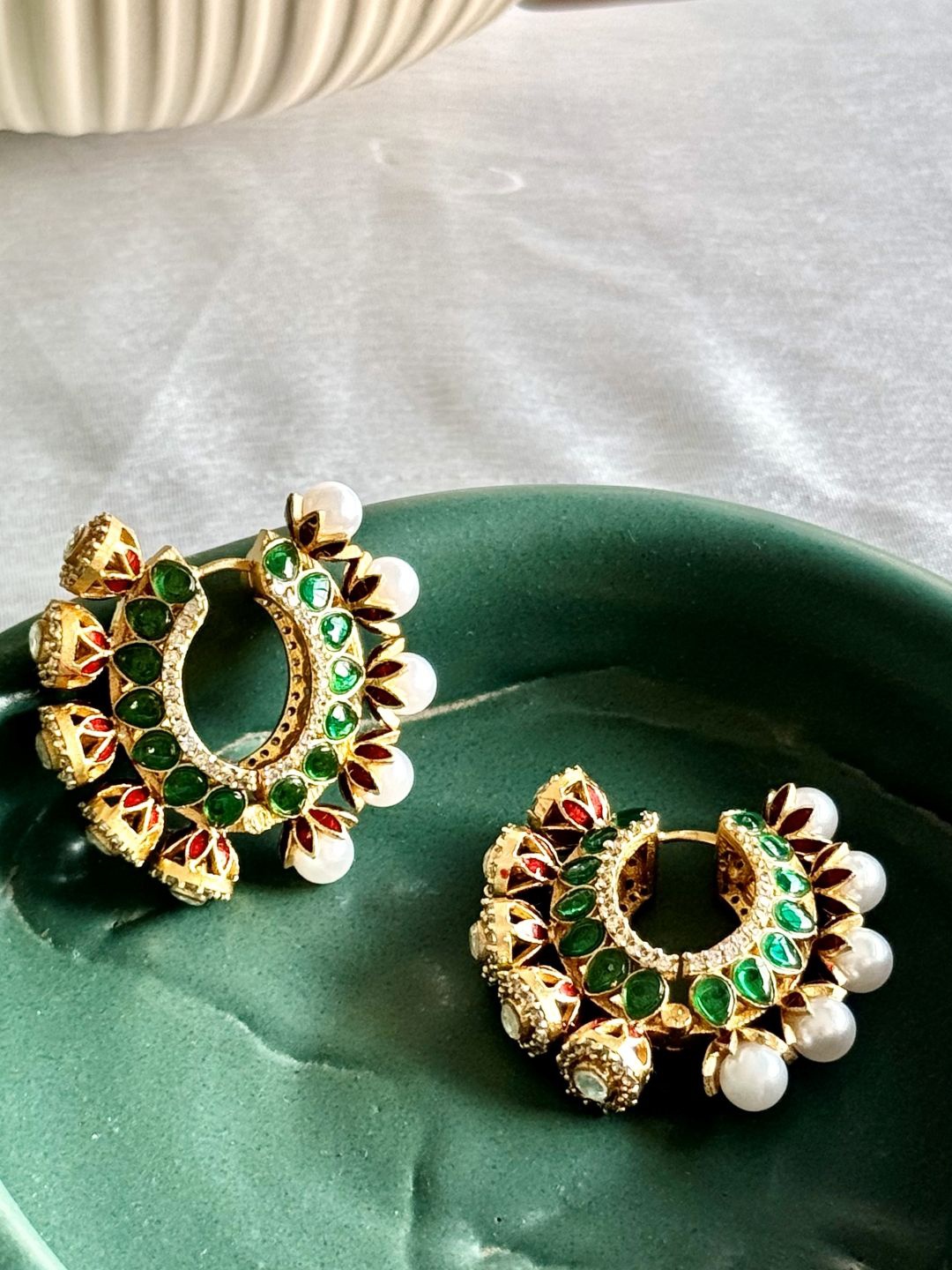 

The Jewellery Tale Gold-Plated Emerald & Pearls Studded Contemporary Hoop Earrings