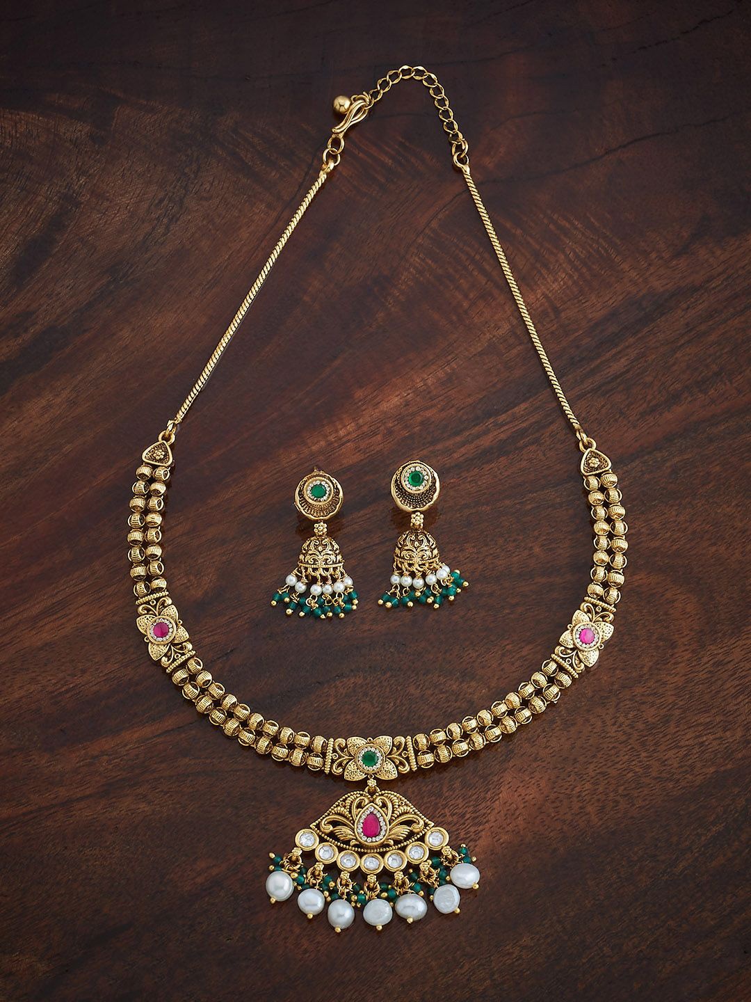 

Kushal's Fashion Jewellery Ruby-Green Gold-Plated Ethnic Antique Jewellery Set