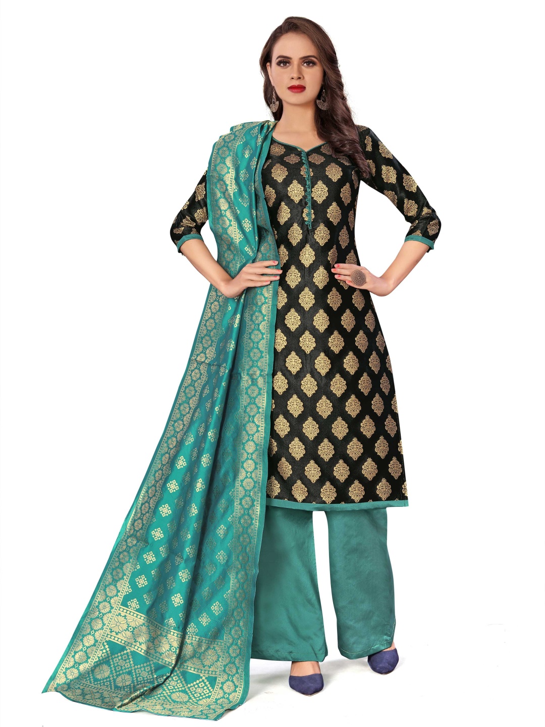 

HERE&NOW Ethnic Motifs Woven Design Banarasi Unstitched Dress Material, Black