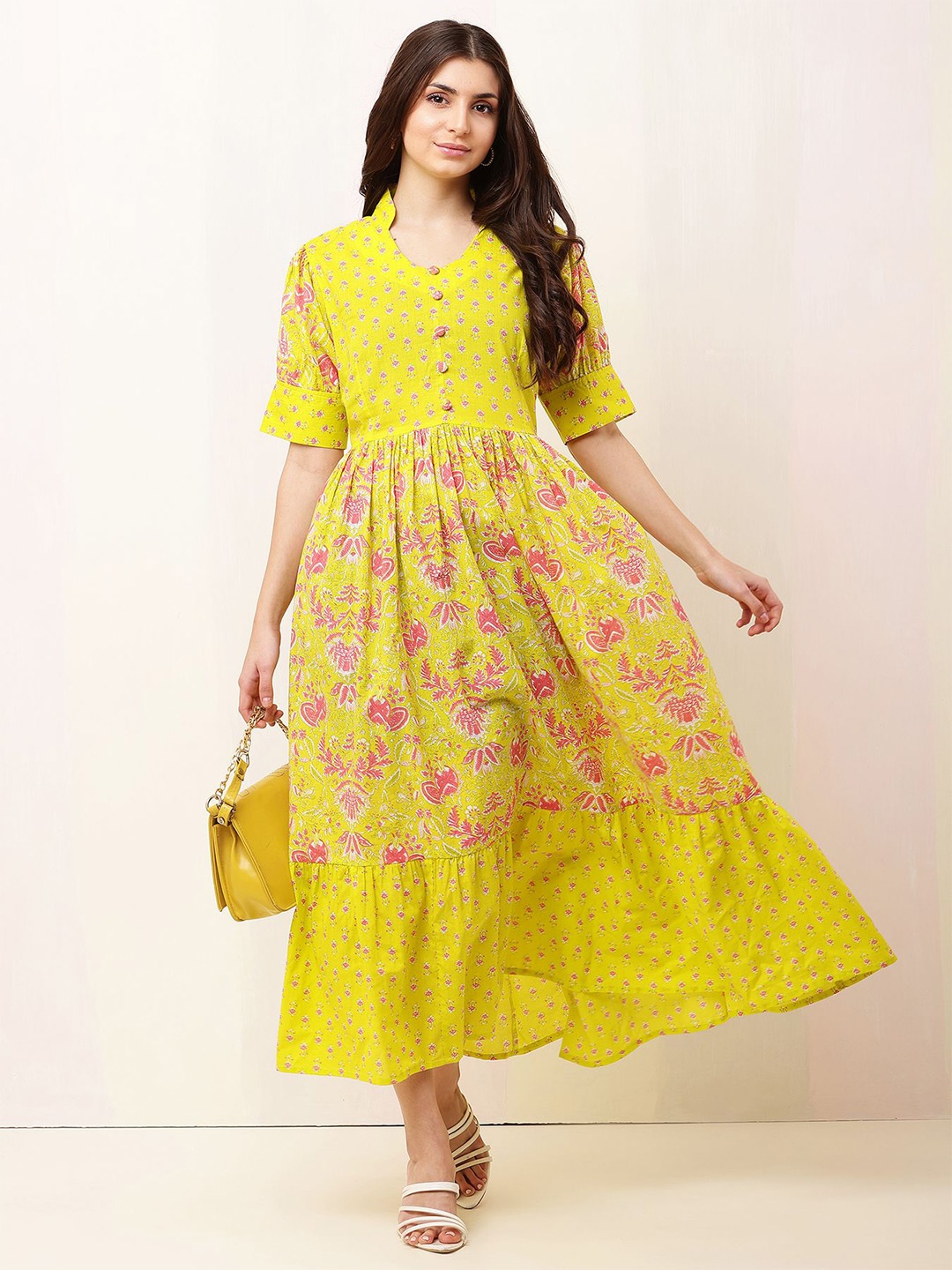 

HELLO DESIGN Floral Print Fit & Flare Maxi Dress, Mustard