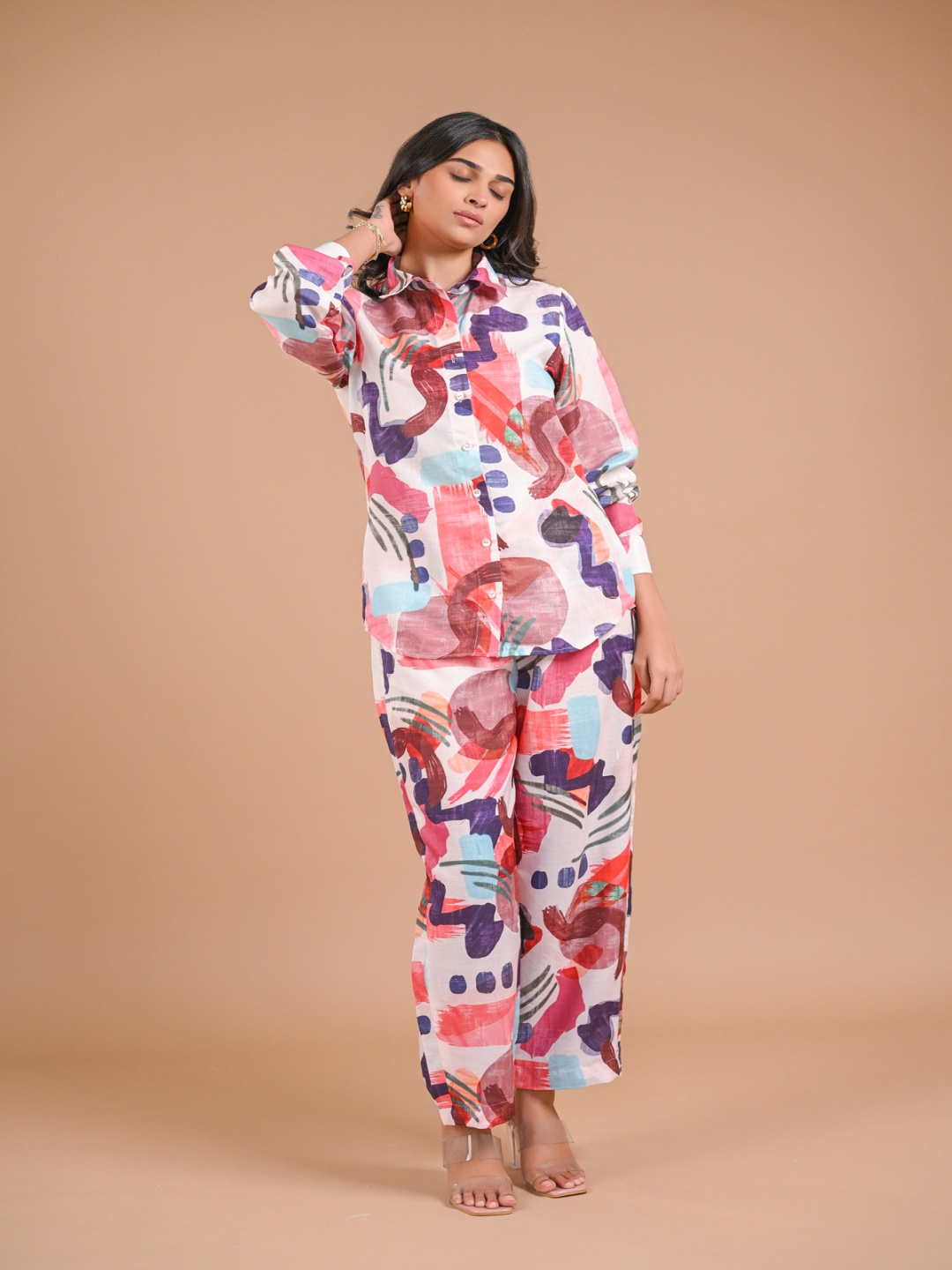 

aaRVee STUDIO Printed Long Sleeves Shirt With Trouser, White