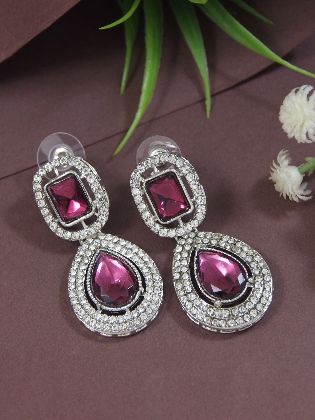 

I Jewels Silver-Plated Stones Studded Teardrop Shaped Drop Earrings