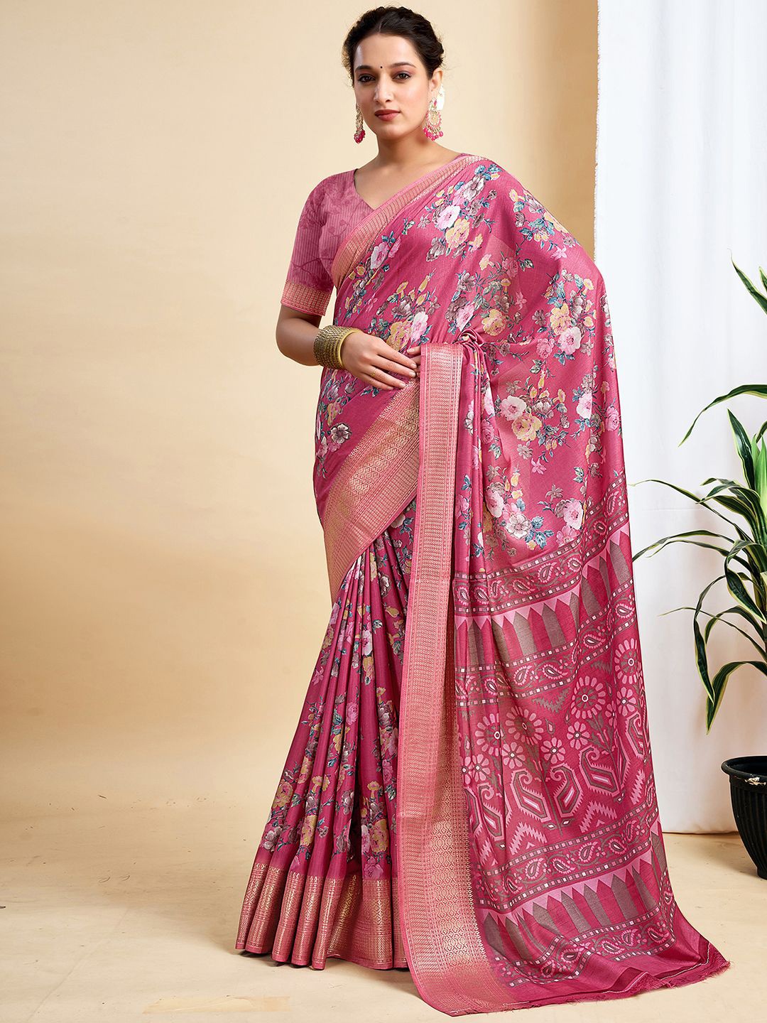 

all about you Floral Zari Silk Blend Tussar Saree, Pink