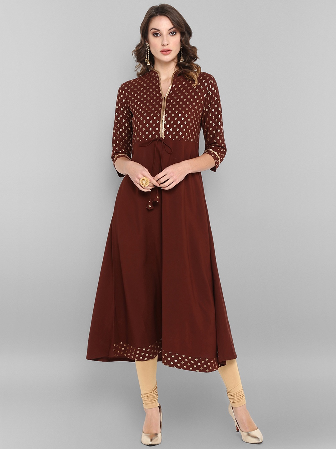

KALINI Floral Woven Design Mandarin Collar Zari A-line Kurta, Brown