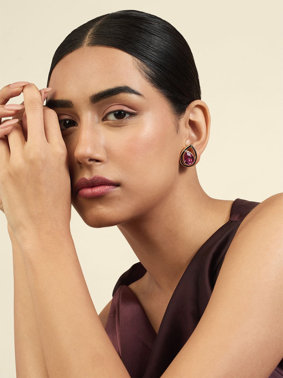 

Isharya Marine Amethyst 18Kt Gold-Plated Crystals Teardrop Shaped Studs Earrings