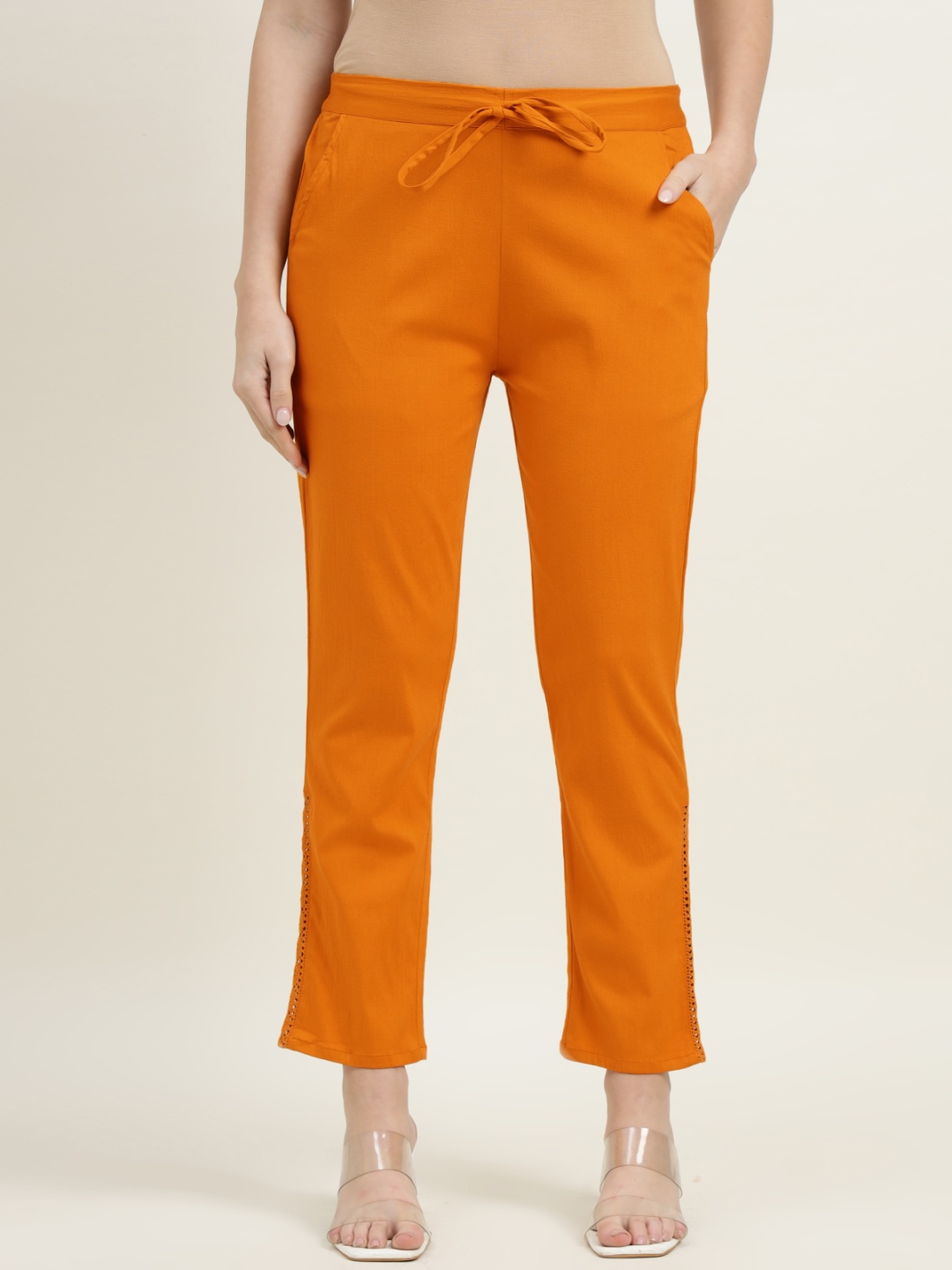 

ZARI Women Jaipur Cotton Viscsoe Pant with Side Lace Trousers, Mustard