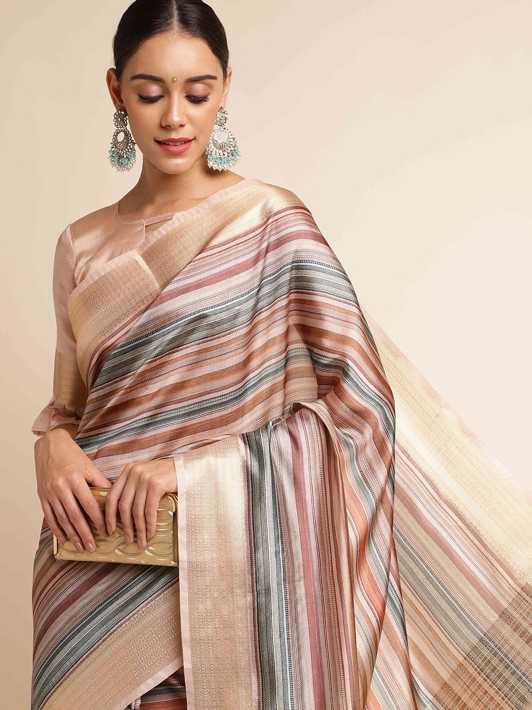 

DIVASTRI Striped Zari Silk Blend Banarasi Saree, Brown