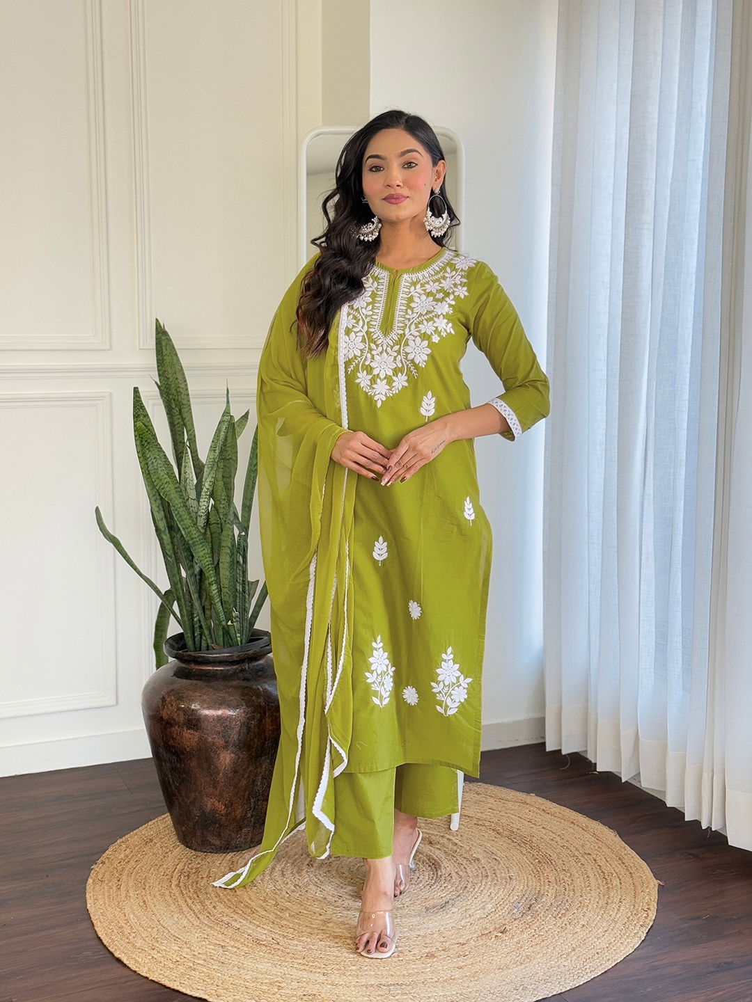 

KALINI Women Embroidered Regular Thread Work Kurta with Trousers & With Dupatta, Lime green