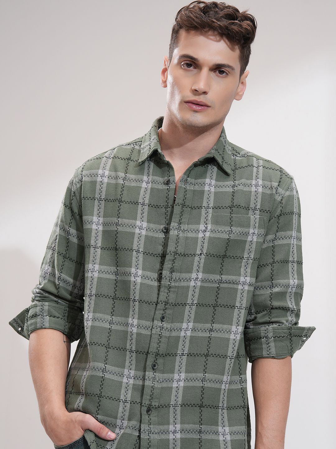 

HIGHLANDER Men Opaque Checked Casual Shirt, Green