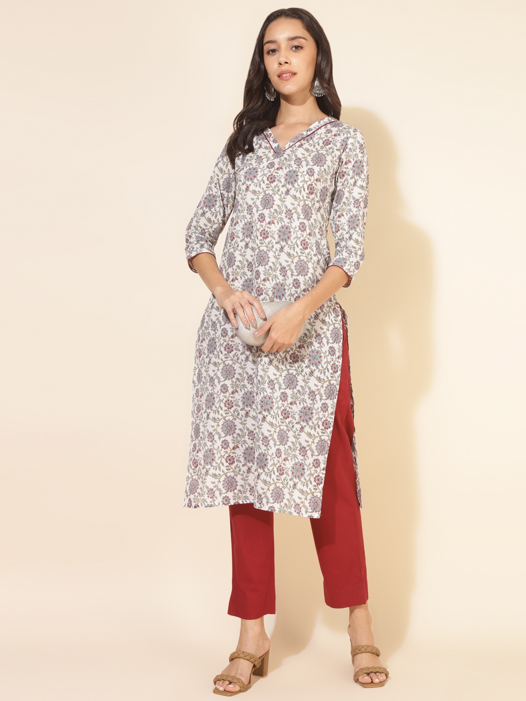 

KALINI Floral Printed Pure Cotton Straight Kurta, White