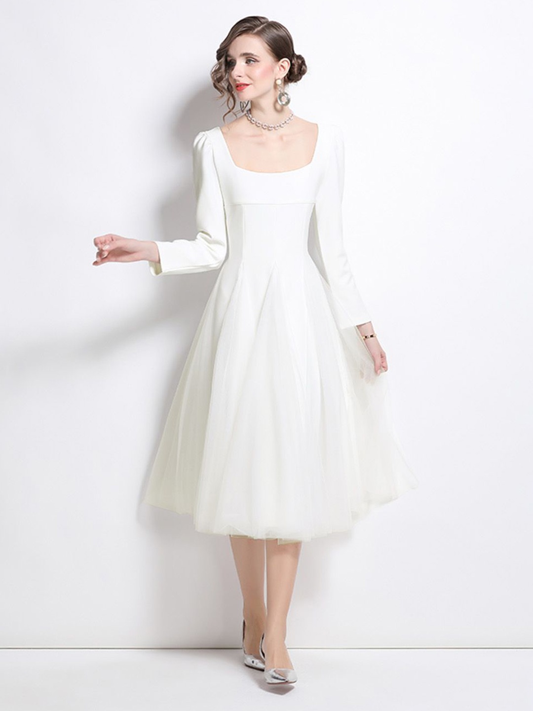 

JC Collection Flared Sleeve A-Line Midi Dress, White