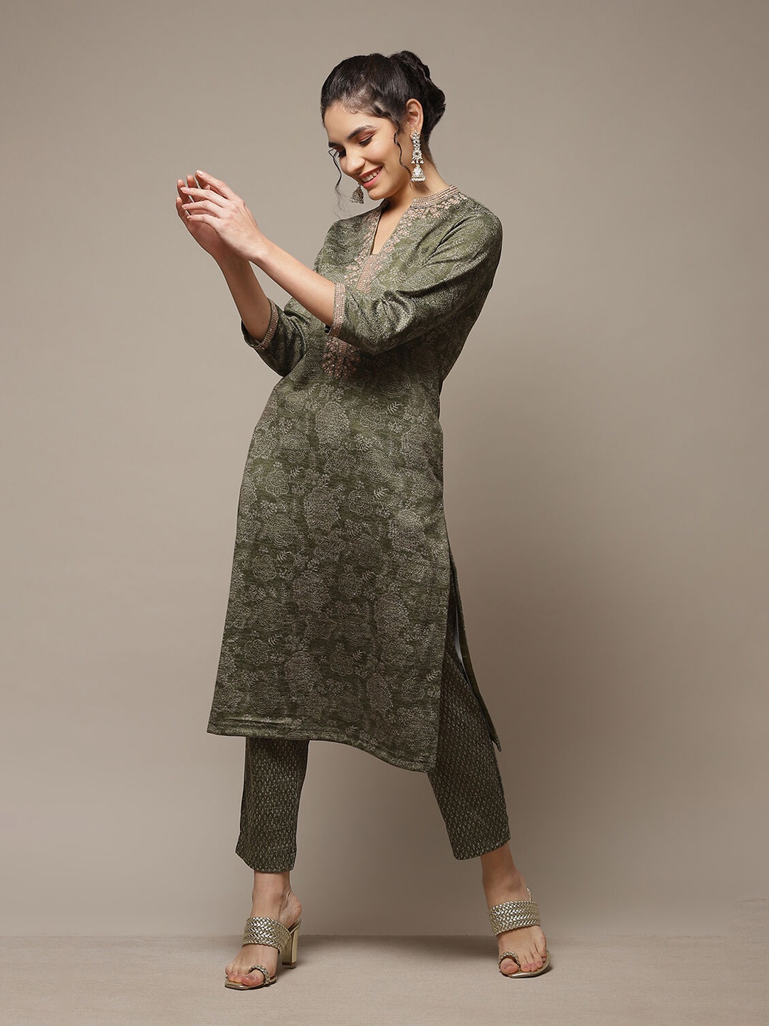 

Biba Women Floral Embroidered Regular Kurta with Palazzos, Green