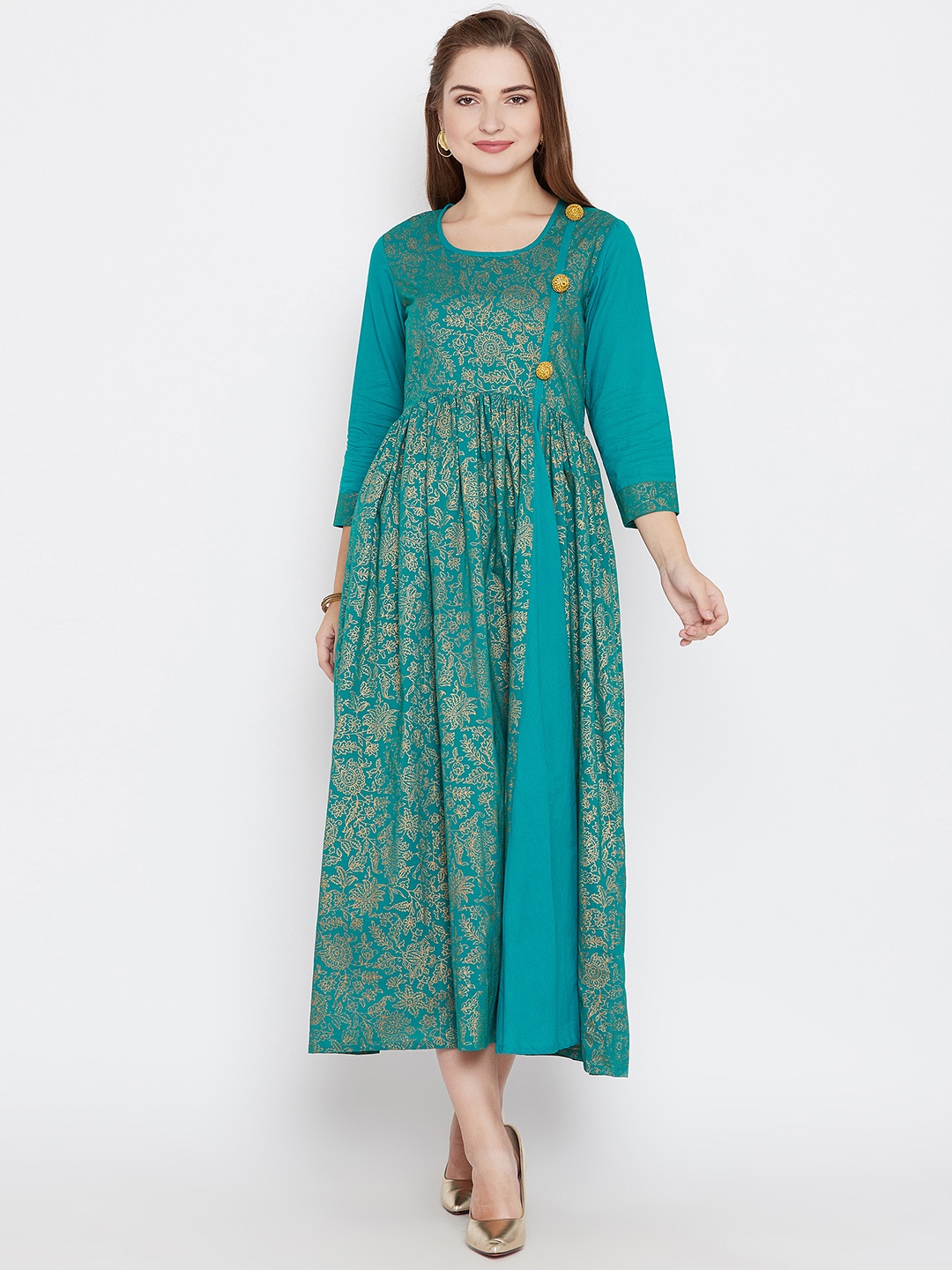 

Dillen Floral Printed Block Printed A Line Kurta, Green