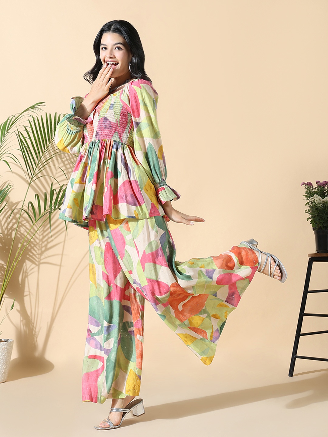 

SHOWOFF Printed Square Neck Peplum Tunic With Trousers, Pink