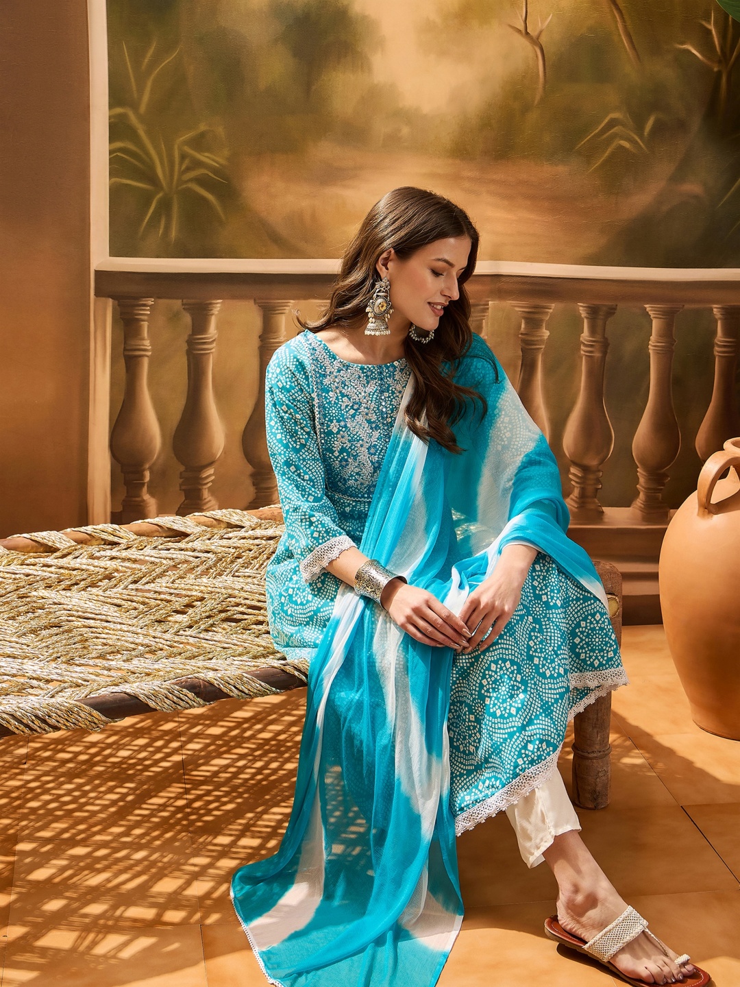 

Sangria Women Bandhani Printed & Embroidered Anarkali Kurta With Trousers & Dupatta Set, Turquoise blue
