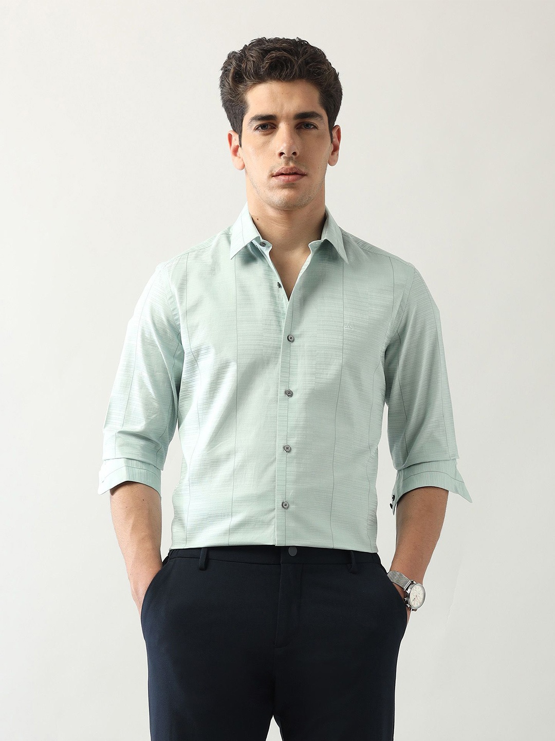 

Arrow New York Men Slim Fit Opaque Striped Formal Shirt, Green