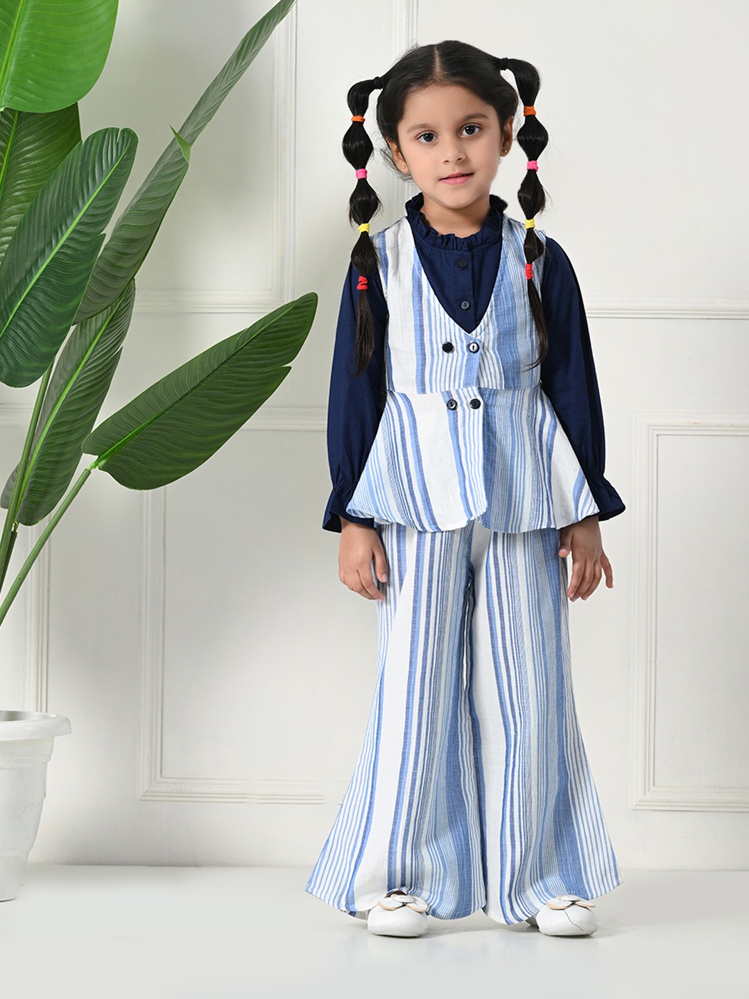 

Bella Moda Girls Striped Round Neck Pure Cotton Top With Trousers, Navy blue
