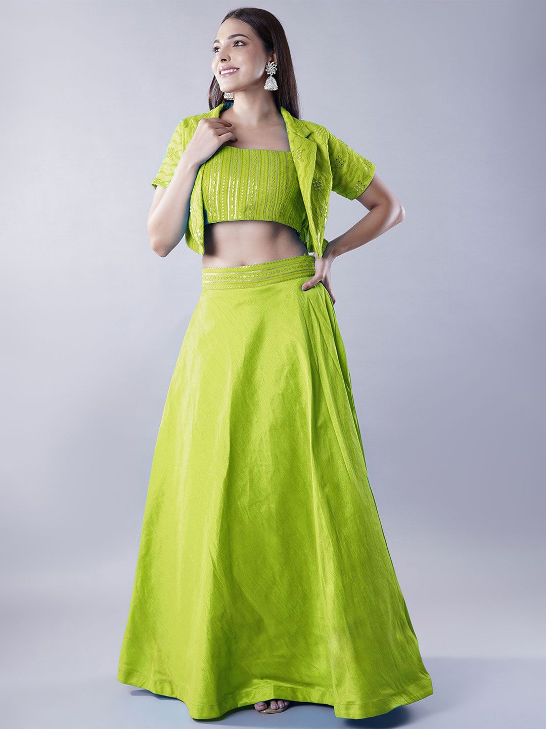 

Utsav Fashion Embroidered Sequinned Shibori Ready to Wear Lehenga & Choli With Jacket, Green