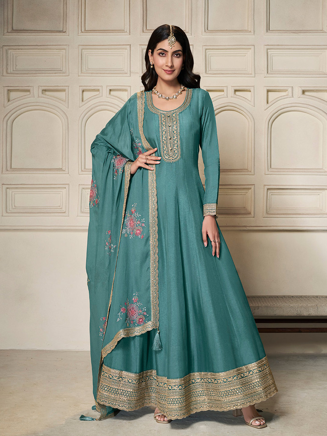 

Seerat Yoke Design Embroidered Fit and Flare Silk Ethnic Dresses With Dupatta, Turquoise blue
